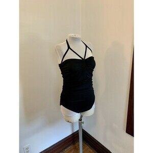 Kamali Kulture Shirred Waist Mio  One Piece Swim Ruched Black Large Halter Cut